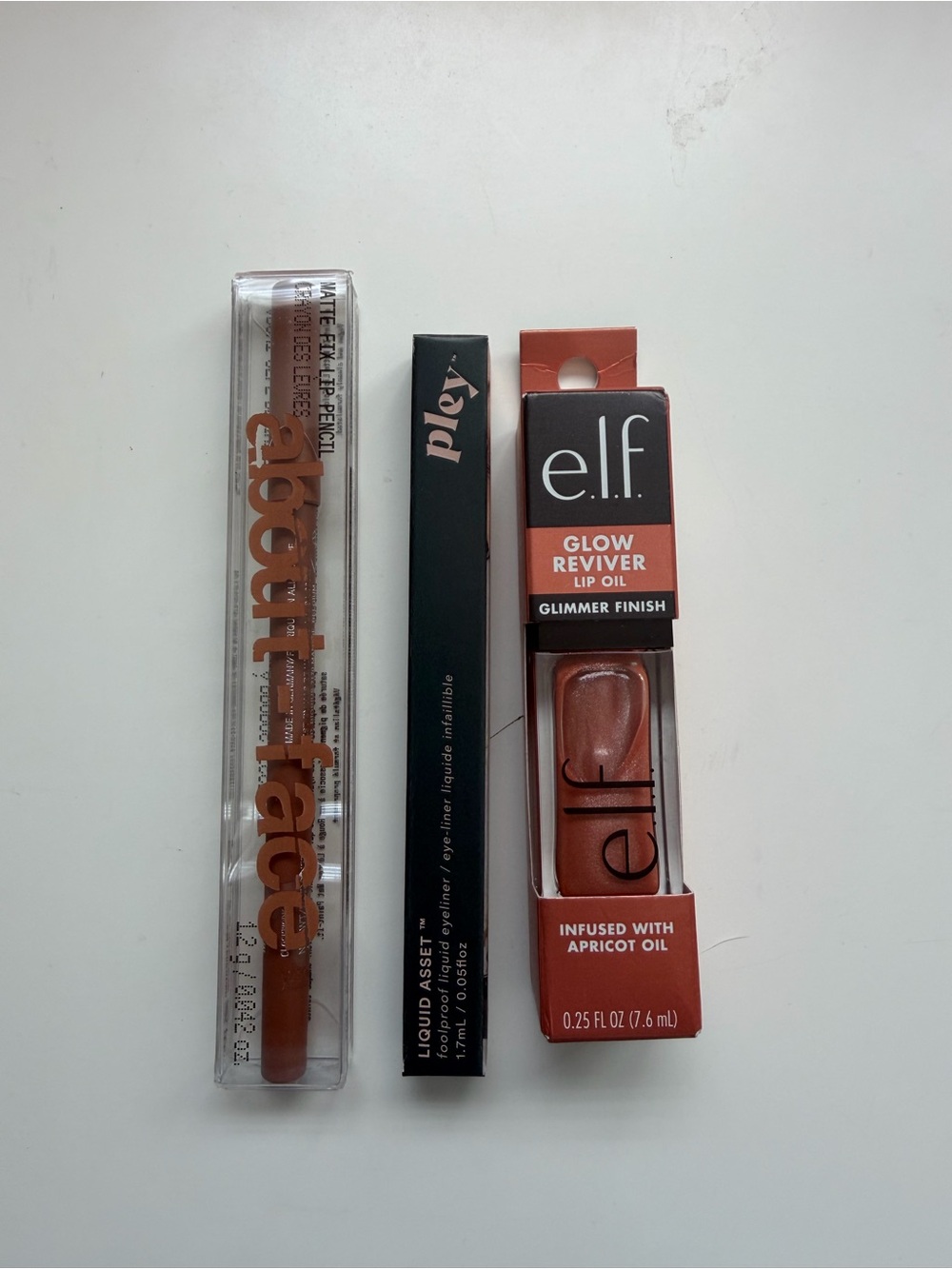 NIB Beauty Bundle 3-Pc: e.l.f. Lip Oil, about-face Lip Liner & Pley Eyeliner